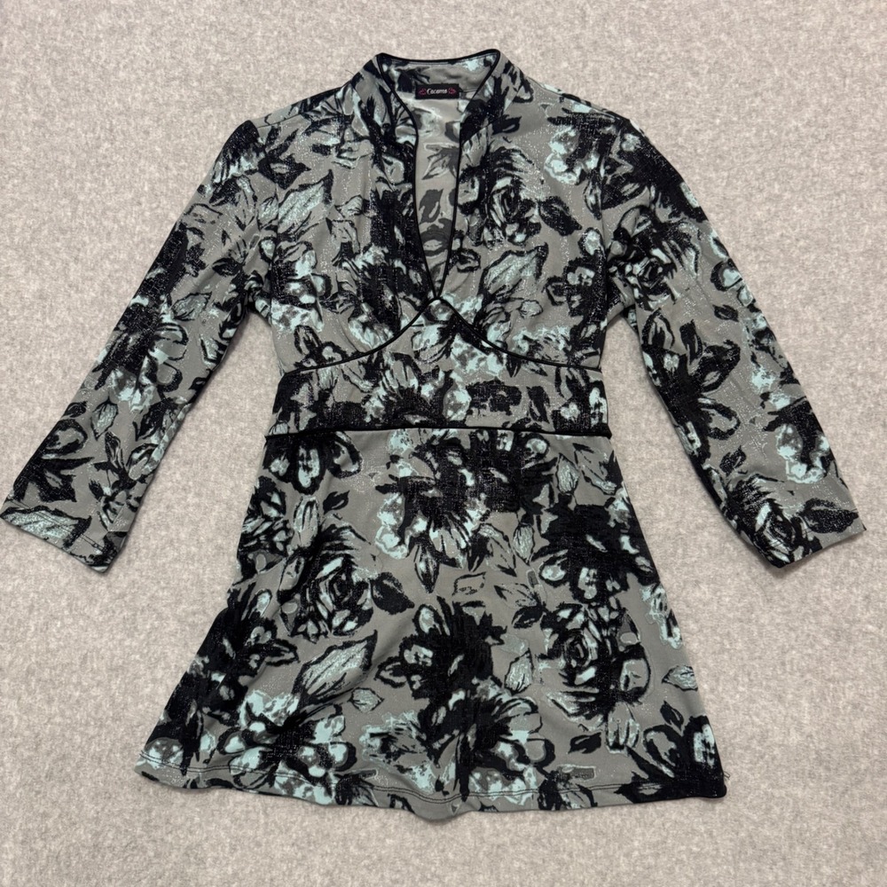 Y2K Cocomo Floral Metallic Babydoll Top Empire Waist 3/4 Sleeve Small Tie Back